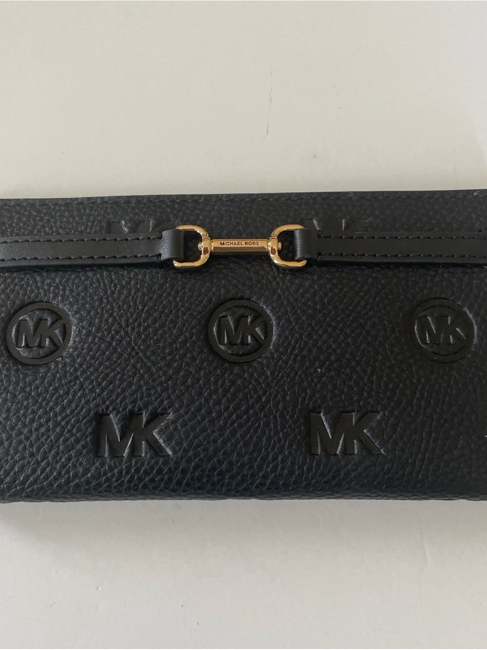 Michael Kors Black Embossed MK Leather Carlson wallet with Gold Accent